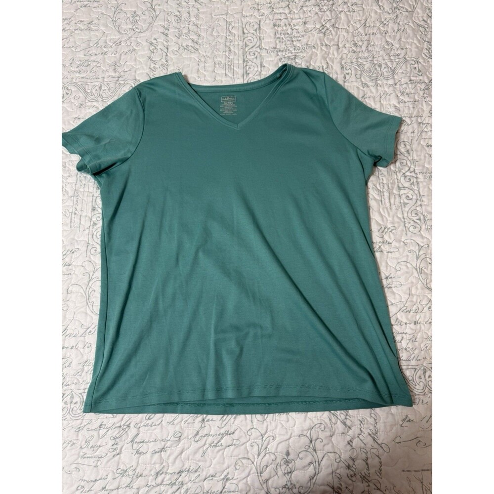 LL Bean Womens Cotton V-Neck T-Shirt Top Teal Size XL